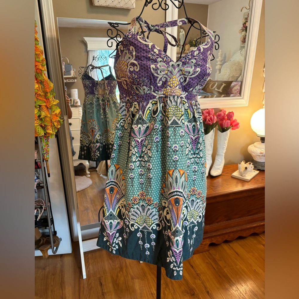 Express Blue and Brown Halter Sundress